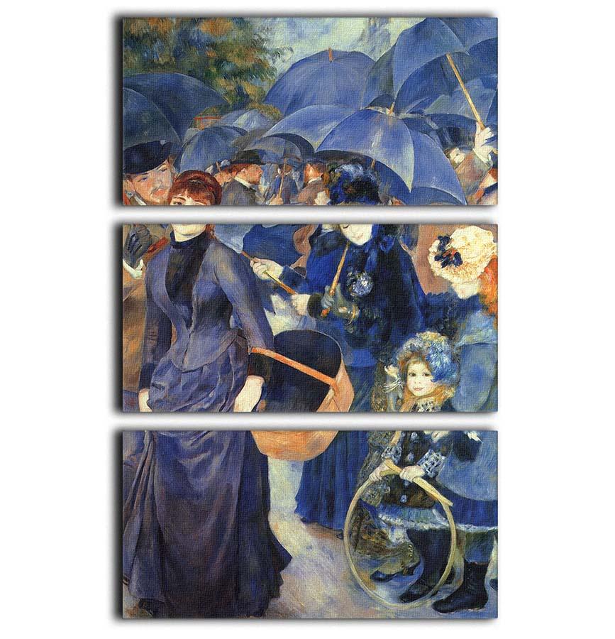 Three-panel canvas print of Renoir's The Umbrellas, showcasing vibrant colors and intricate details.